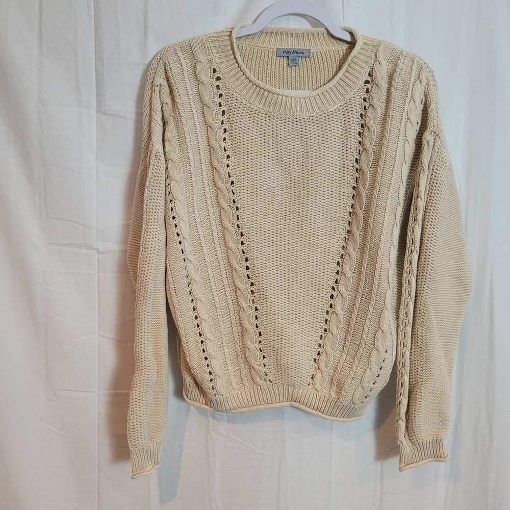 PBJ Blues Women Cream Cable Knit Sweater Crew Neck Rolled Collar Large Fisherman